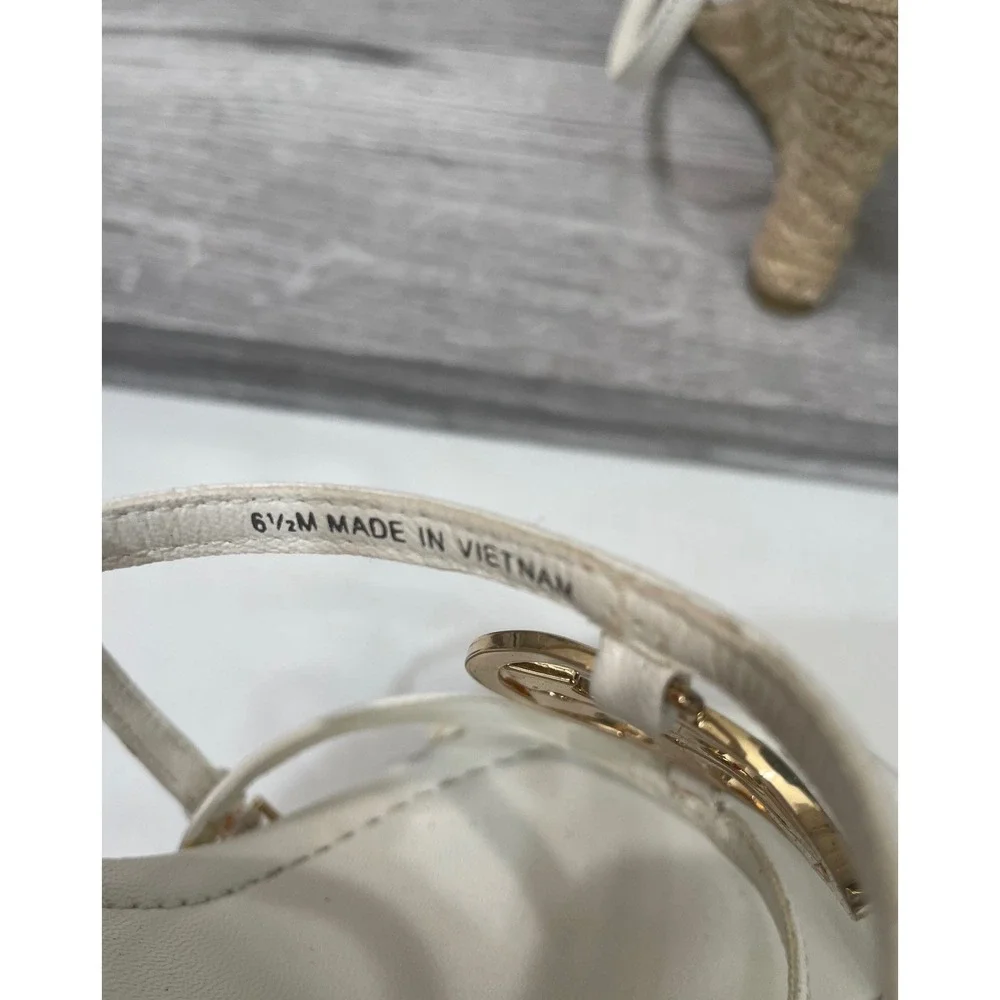 Tory Burch Miller Wedge Sandals White Leather Gold Logo Espadrille 6.5M 89131